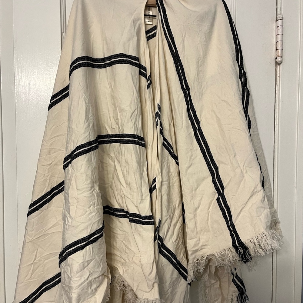 Eileen Fisher Organic Cotton Western Boho Striped Cream Navy  Shawl coastal